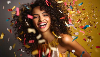 Obraz premium happy smiling portrait of a woman on yellow background, celebration with confetti
