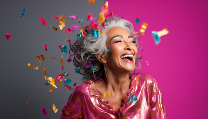 happy smiling portrait of an old woman with colorful confetti