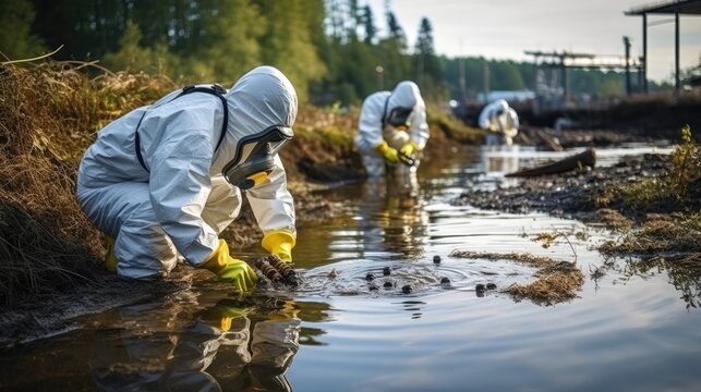 scientist researcher in protective suit takes water for analysis from polluted river