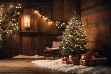  Shining Christmas tree with presents in front of a wooden house decorated for Christmas