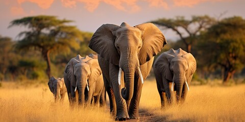 a herd of elephants in the wild - obrazy, fototapety, plakaty
