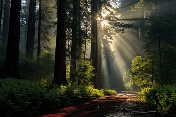 Sunlit redwood forest. Generative AI