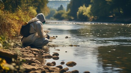 scientist researcher in protective suit takes water for analysis from polluted river - obrazy, fototapety, plakaty