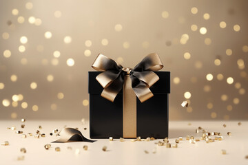 golden black gift box with ribbon and bow on beige background with empty copy space