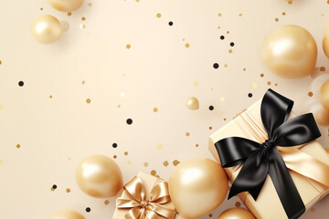 Fototapeta na wymiar golden black gift box with ribbon and bow with balloons on beige background with empty copy space