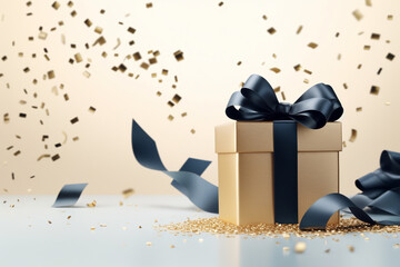 golden blue gift box with ribbon and bow on beige background with empty copy space