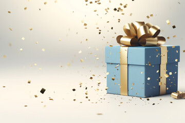 golden blue gift box with ribbon and bow on beige background with empty copy space