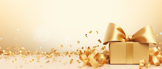 gold gift box with ribbon and bow on beige background with empty copy space