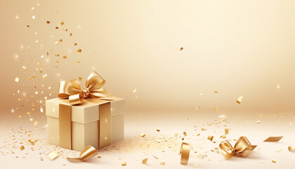 gold gift box with ribbon and bow on beige background with empty copy space