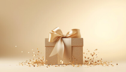 gold gift box with ribbon and bow on beige background with empty copy space