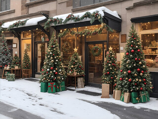 Vista exterior de una tienda decorada en época de navidad en un día nevado. Vista de frente y de cerca.  IA Generativa