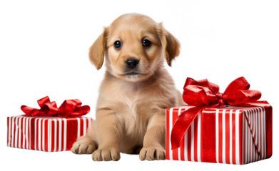 Cute puppy with festive red gift boxes cut out on transparent background. Giving Tuesday, Christmas gifts or boxing day