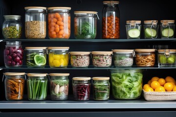 Glass Containers And Cans Filled With Fresh Food, Emphasizing Refrigerator Storage And Decanting