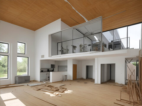 Interiors de una casa en reformas. Vista de frente y de cerca. IA Generativa