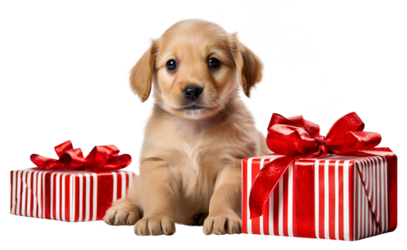 Cute puppy with festive red gift boxes cut out on transparent background. Giving Tuesday, Christmas gifts or boxing day