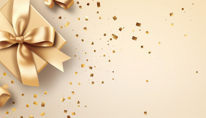 gold gift box with ribbon and bow on beige background with empty copy space