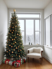 Un árbol de navidad decorado con luces, adornos y regalos junto a un sillón blanco y una ventana Vista de frente y de cerca. IA Generativa