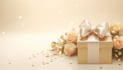 gold gift box with ribbon and bow with flowers on beige background with empty copy space