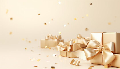 gold gift box with ribbon and bow on beige background with empty copy space - obrazy, fototapety, plakaty