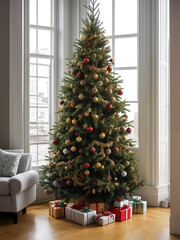 Un árbol de navidad decorado con luces, adornos y regalos junto a un sillón blanco y una ventana Vista de frente y de cerca. IA Generativa