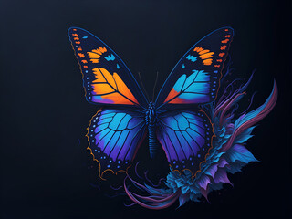 Ilustración de una mariposa sobre un fondo negro. Vista de frente y de cerca. IA Generativa