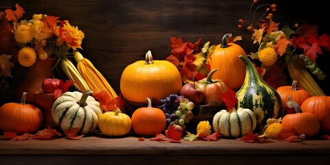 Naklejka na ściany i meble Pumpkins, Fruits, and Falling Leaves create beautiful Scene generative AI