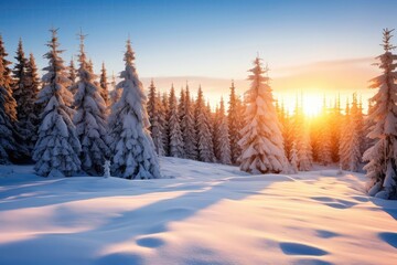 Majestic White Spruces Illuminated By Sunlight In Stunning Winter Landscape Scene