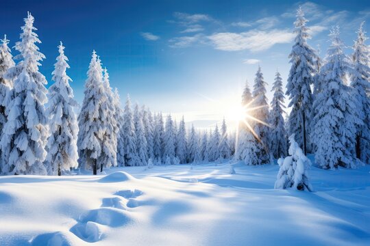 Majestic White Spruces Illuminated By Sunlight In Stunning Winter Landscape Scene