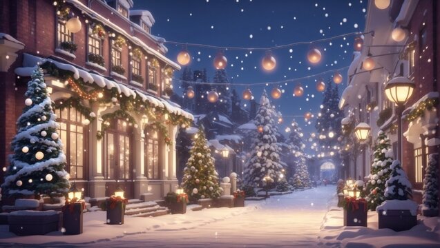 New year's winter garden with decorated christmas trees lights garlands festive new year decorations festive city christmas lanterns decorated street winter snow postcard 