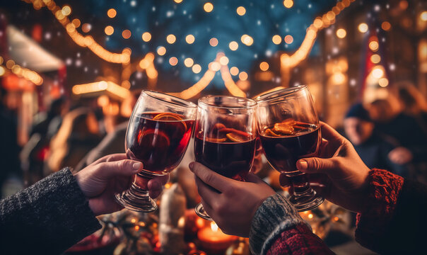 Close up of friends toasting with glasses of warm mulled wine at a festive Christmas market