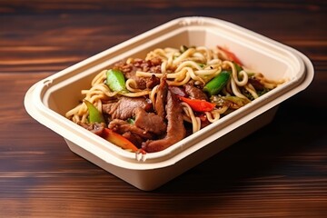 Noodles With Pork And Vegetables In Takeout Box Placed On Wooden Table