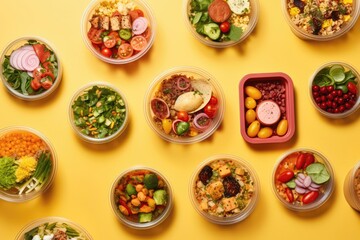 Numerous Containers Filled With Delicious Food On Colorful Background