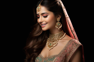 Beautiful young Indian woman with long hair on black background