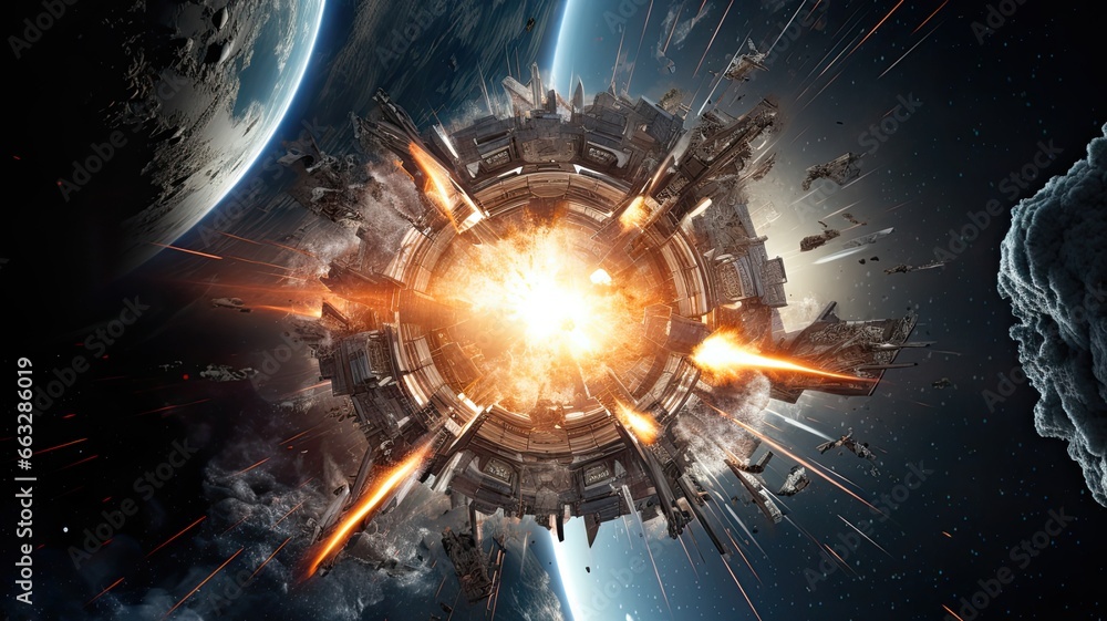 Poster visualize rocket launches, space telescopes, and space stations, highlighting advancements in space 