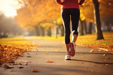 Runner athlete running in beautiful autumn park. Woman fitness jogging workout wellness and health  concept. ai generative