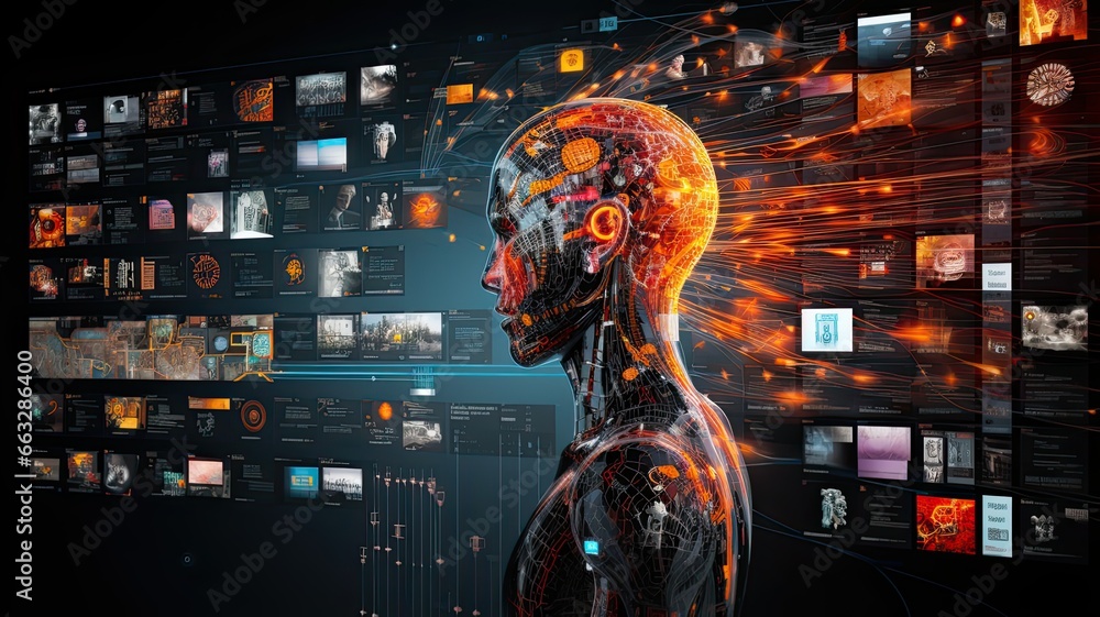 Fototapete Visualize AI algorithms processing large datasets, self-learning, and assisting in various fields, highlighting the transformative power of artificial intelligence