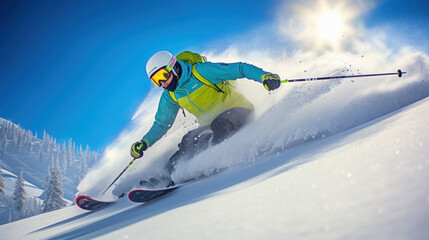 Skier sliding down mountain slope - obrazy, fototapety, plakaty
