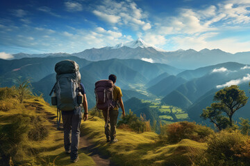 Fototapeta premium Tourists walking in the mountains with big backpacks