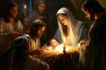 Foto op Canvas Nativity scene vertep, religious concept, Star of Bethlehem. Birth of the Son of God, Jesus Christ, the Virgin Mary Joseph . Christian Christmas. Bible, Miracle. Holy Family. © Alla