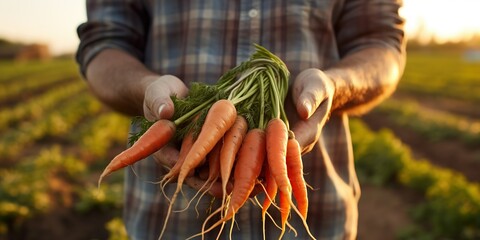 a farmer holds harvested carrots - obrazy, fototapety, plakaty