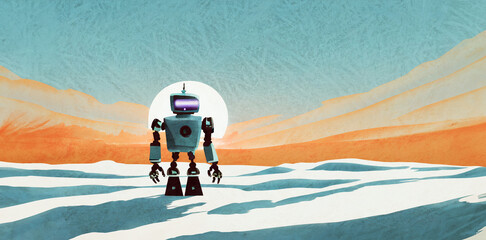 illustrazione di vecchio robot meccanico fermo in una distesa di neve al tramonto - obrazy, fototapety, plakaty