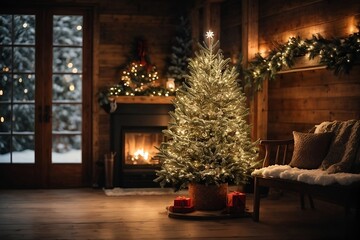 Shining Christmas tree in a Christmas decorated room with burning fireplaces in a wooden house