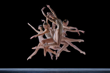 Expressive, artistic dance. Ground of young tented people, ballet dancers in motion, dancing...