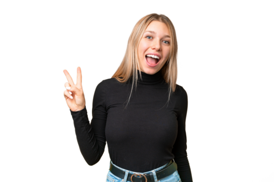 Young pretty blonde woman over isolated chroma key background smiling and showing victory sign