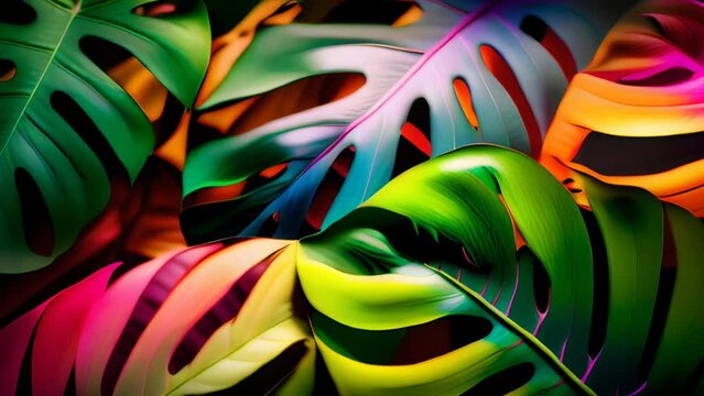 Abstract multicolored summer tropical monstera leaves, rainbow spectrum, wild nature botany background. AI generative.