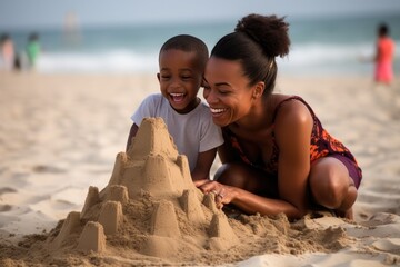 Family, mother and child enjoying a sunny day on the beach, building sand castles. - Powered by Adobe