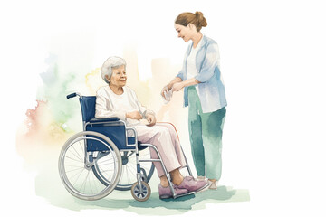 A disabled person in a wheelchair and a nurse - obrazy, fototapety, plakaty