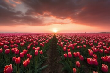 Tulip field with sunset and cloudy sky. Generative AI