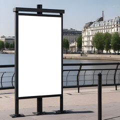 Blank poster mockup of outdoor advertising on an embankment city street. 3D rendering