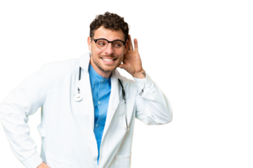 Brazilian doctor man over isolated chroma key background listening to something by putting hand on the ear